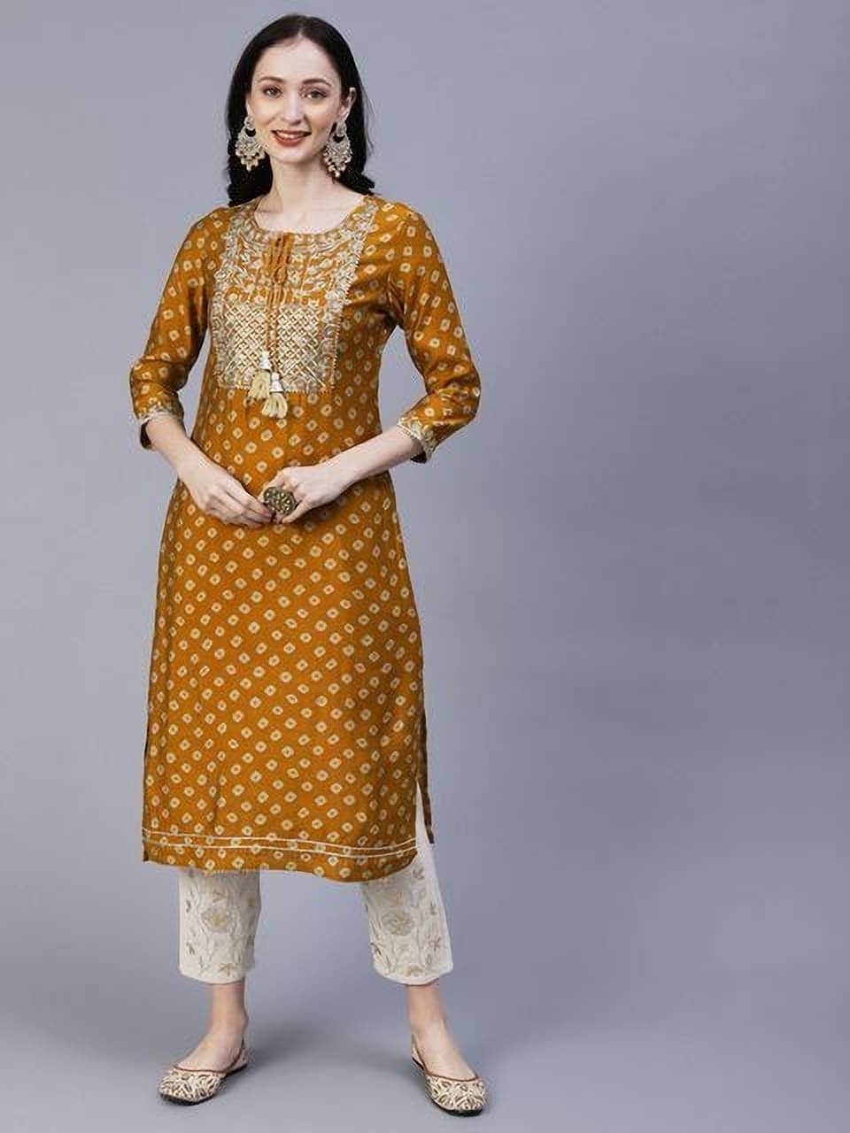     			Kapadia Women's Rayon Embellished Straight Kurti - ( Orange )