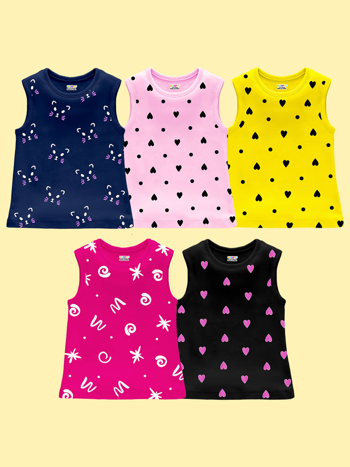 Kuchipoo Pack of 5 Girls Cotton Blend T-Shirt ( Multicolor 2 )