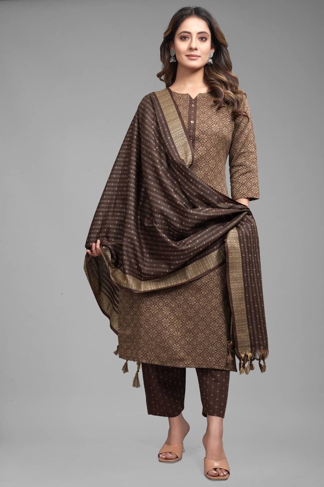 MEHUL TEXTILE / MVC GROUP OF COMPANY Women Cotton Printed Straight Kurti With Pants ( Coffee ) MEHUL TEXTILE / MVC GROUP OF COMPANY Women Cotton Printed Straight Kurti With Pants ( Coffee )
