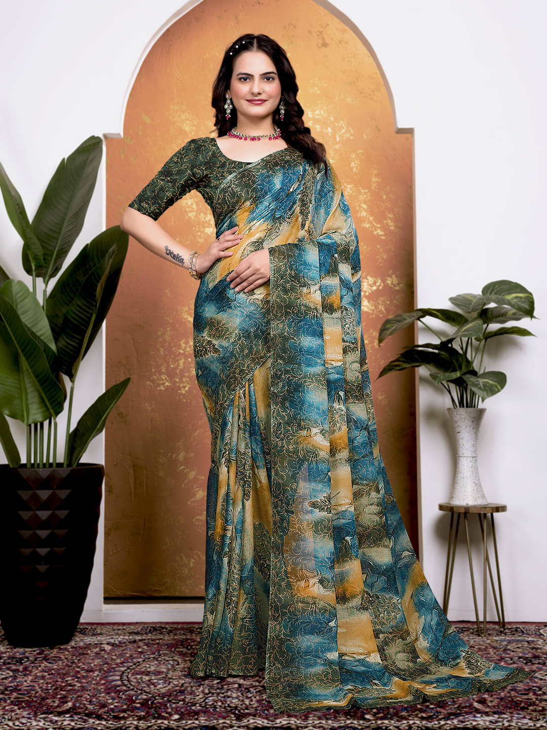 Maayro Georgette Printed Saree With Unstitched Blouse Piece ( Blue ) Maayro Georgette Printed Saree With Unstitched Blouse Piece ( Blue )