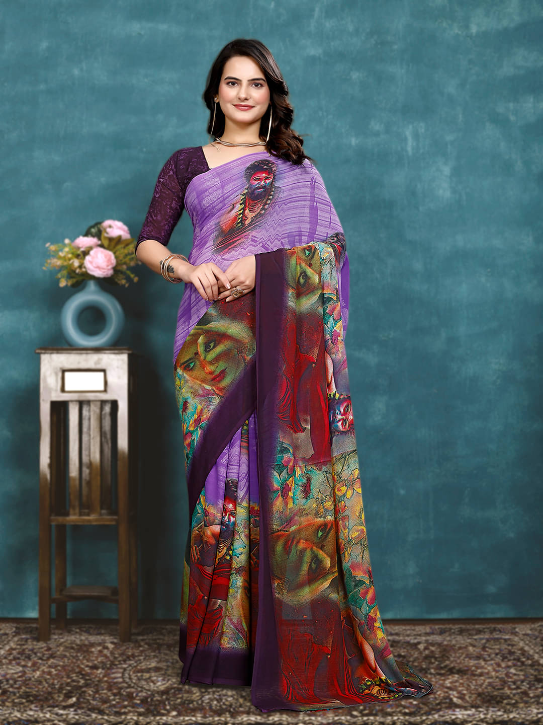 Maayro Georgette Printed Saree With Unstitched Blouse Piece ( Purple ) Maayro Georgette Printed Saree With Unstitched Blouse Piece ( Purple )