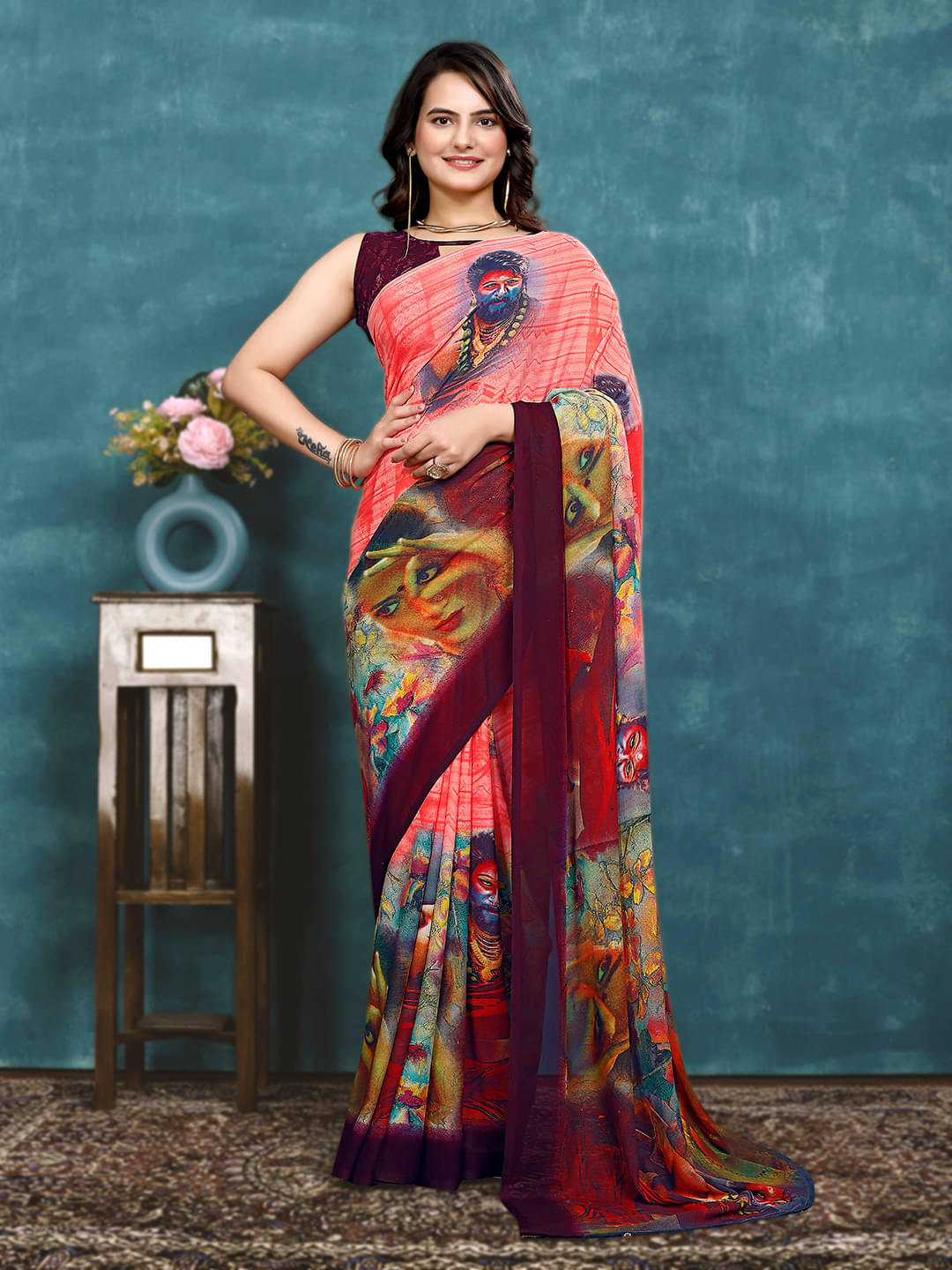 Maayro Georgette Printed Saree With Unstitched Blouse Piece ( Peach ) Maayro Georgette Printed Saree With Unstitched Blouse Piece ( Peach )