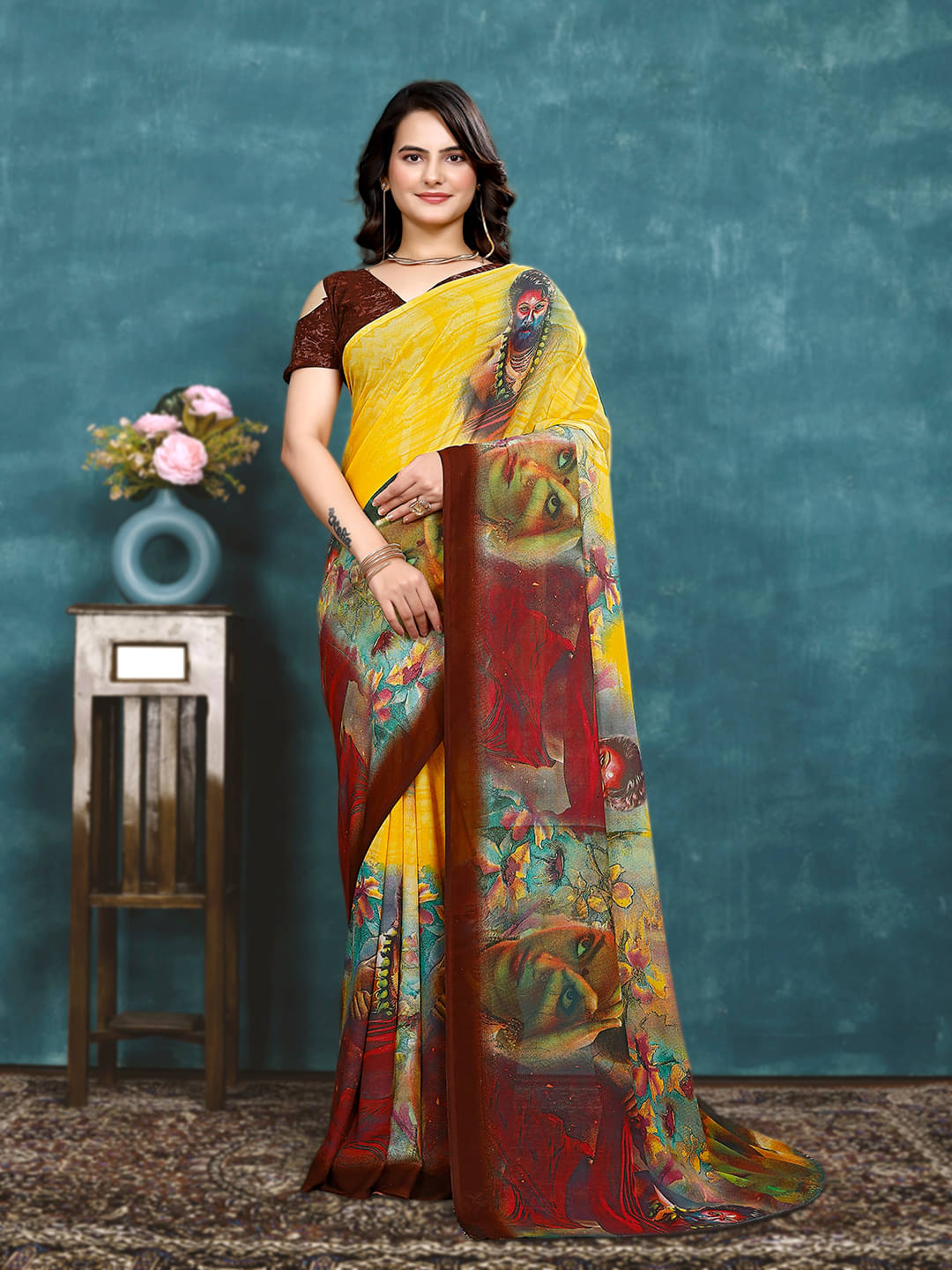 Maayro Georgette Printed Saree With Unstitched Blouse Piece ( Yellow ) Maayro Georgette Printed Saree With Unstitched Blouse Piece ( Yellow )