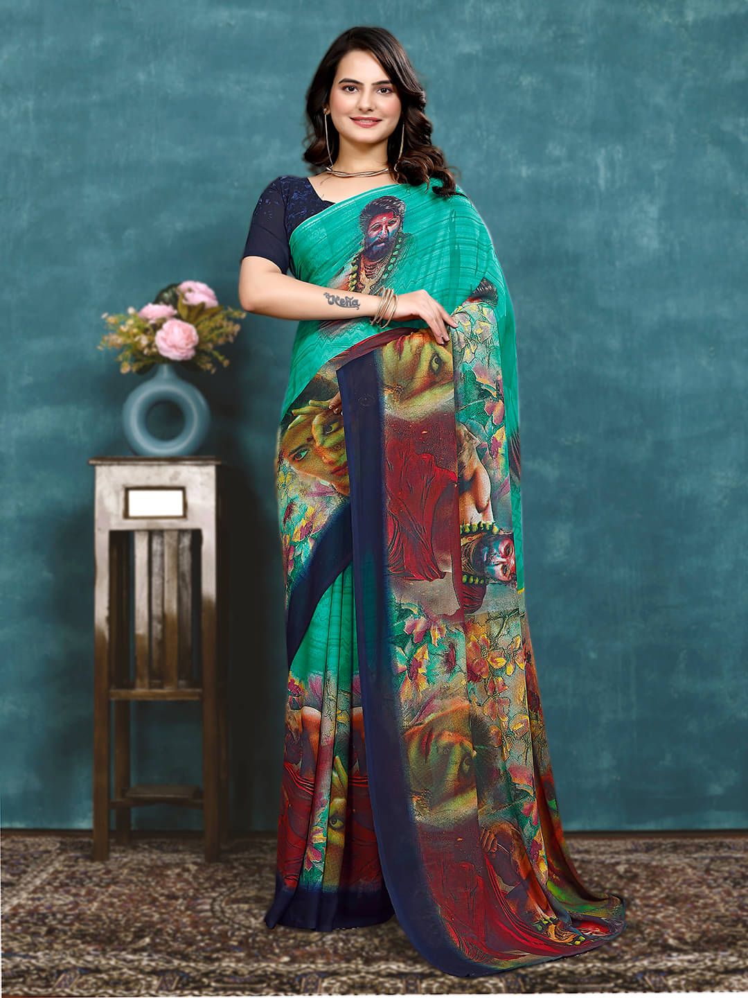 Maayro Georgette Printed Saree With Unstitched Blouse Piece ( Rama ) Maayro Georgette Printed Saree With Unstitched Blouse Piece ( Rama )