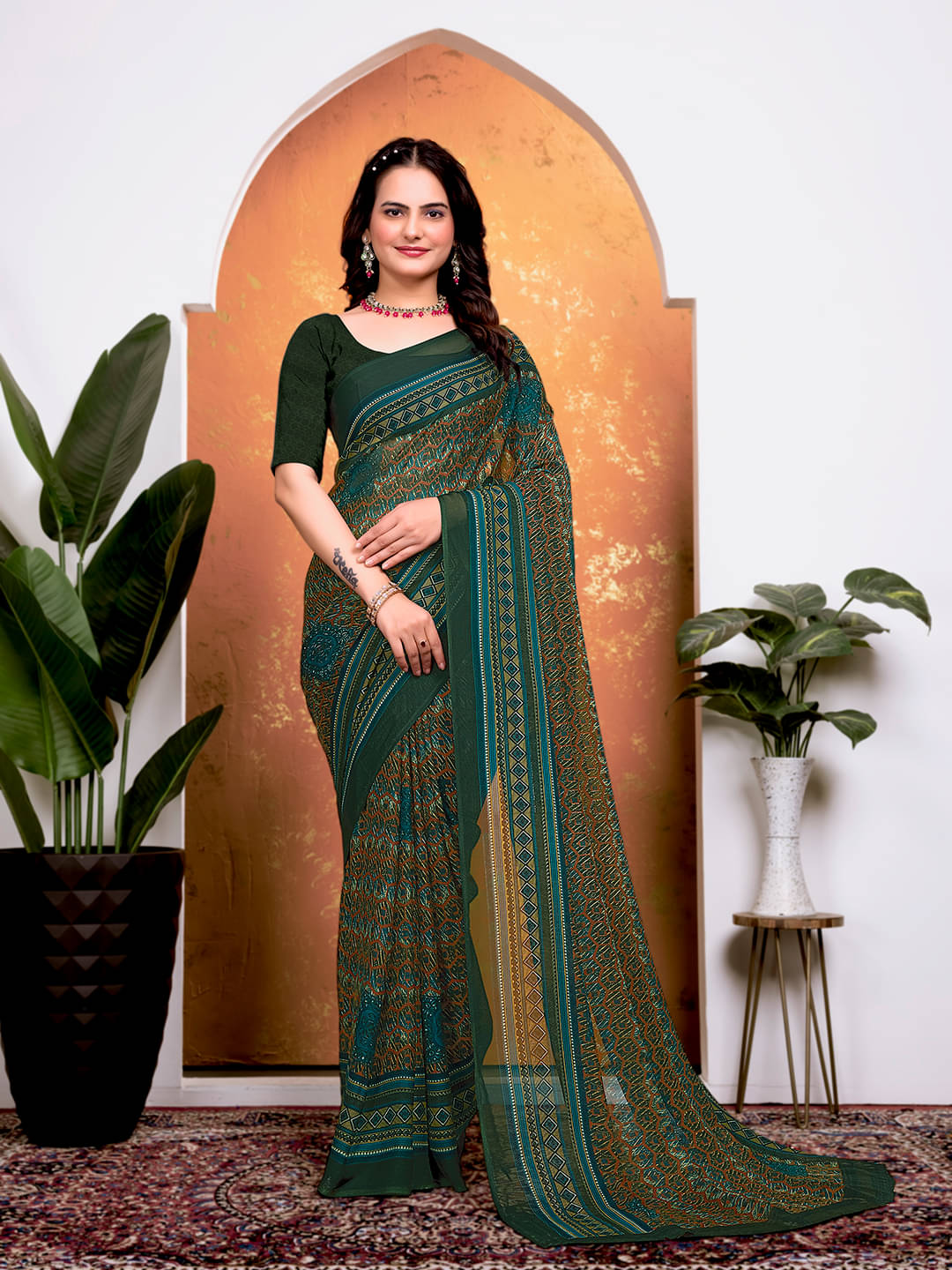 Maayro Georgette Printed Saree With Unstitched Blouse Piece ( Green ) Maayro Georgette Printed Saree With Unstitched Blouse Piece ( Green )