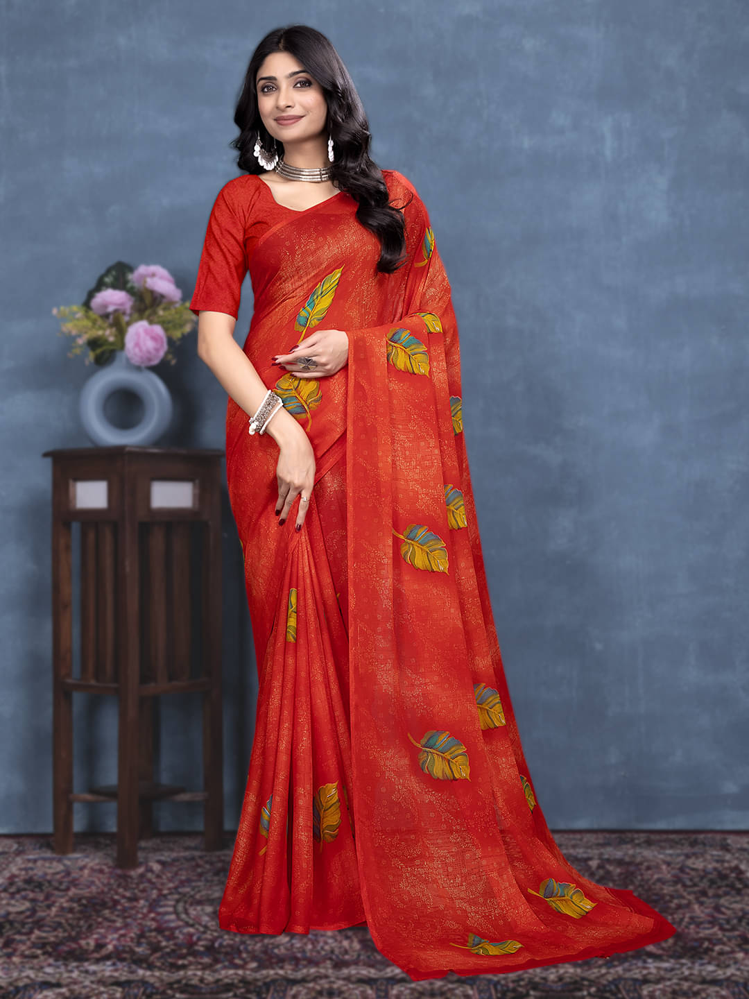 Maayro Georgette Printed Saree With Unstitched Blouse Piece ( Red ) Maayro Georgette Printed Saree With Unstitched Blouse Piece ( Red )