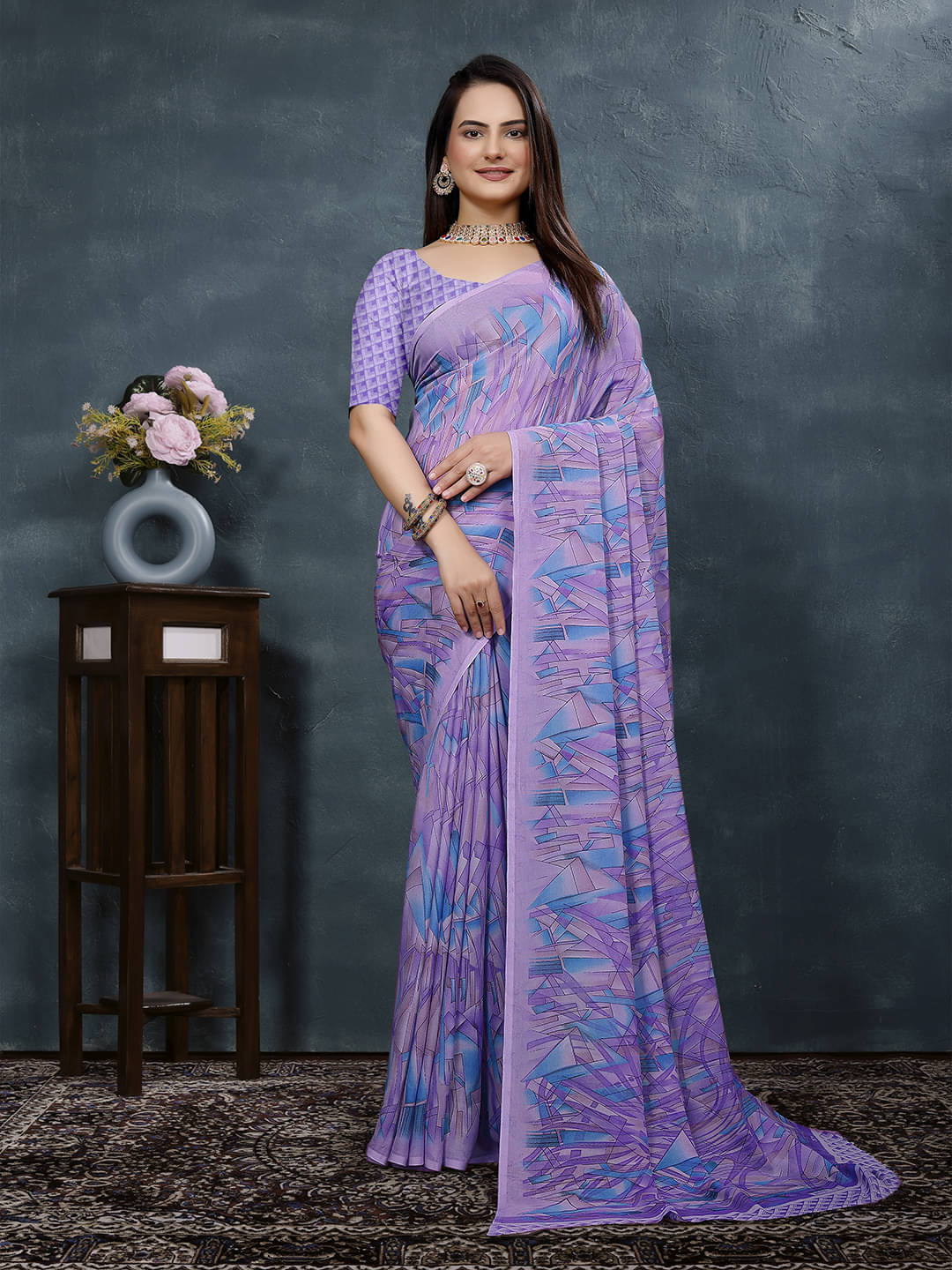Maayro Georgette Printed Saree With Unstitched Blouse Piece ( Purple ) Maayro Georgette Printed Saree With Unstitched Blouse Piece ( Purple )