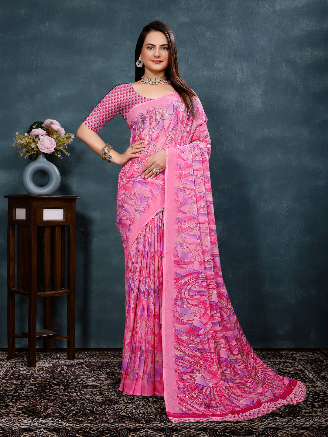 Maayro Georgette Printed Saree With Unstitched Blouse Piece ( Pink ) Maayro Georgette Printed Saree With Unstitched Blouse Piece ( Pink )