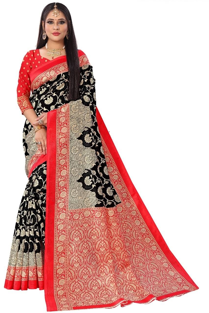     			Maayro Mysore Silk Printed Saree With Unstitched Blouse Piece ( Black )