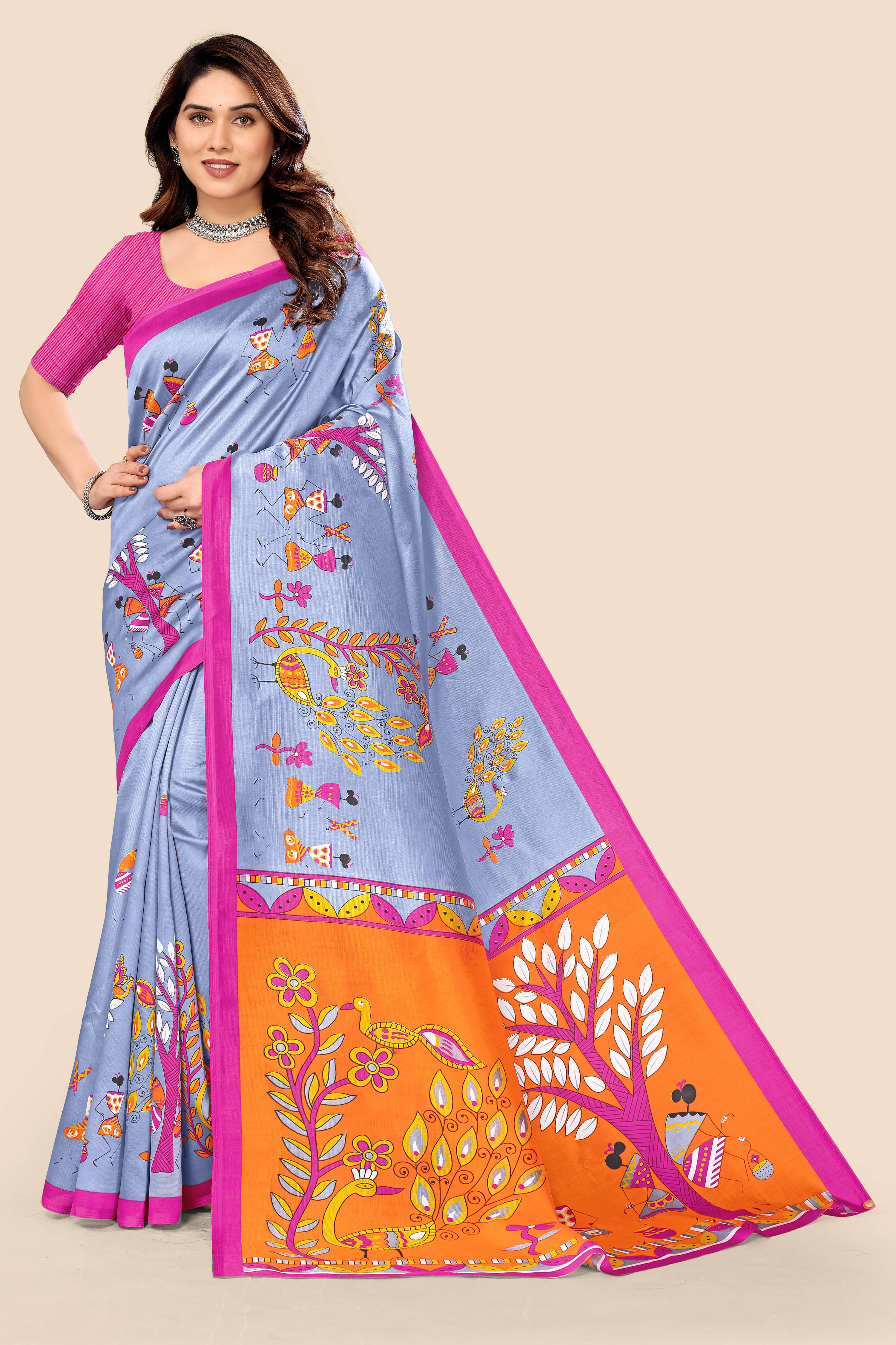 Maayro Mysore Silk Printed Saree With Unstitched Blouse Piece ( Grey ) Maayro Mysore Silk Printed Saree With Unstitched Blouse Piece ( Grey )