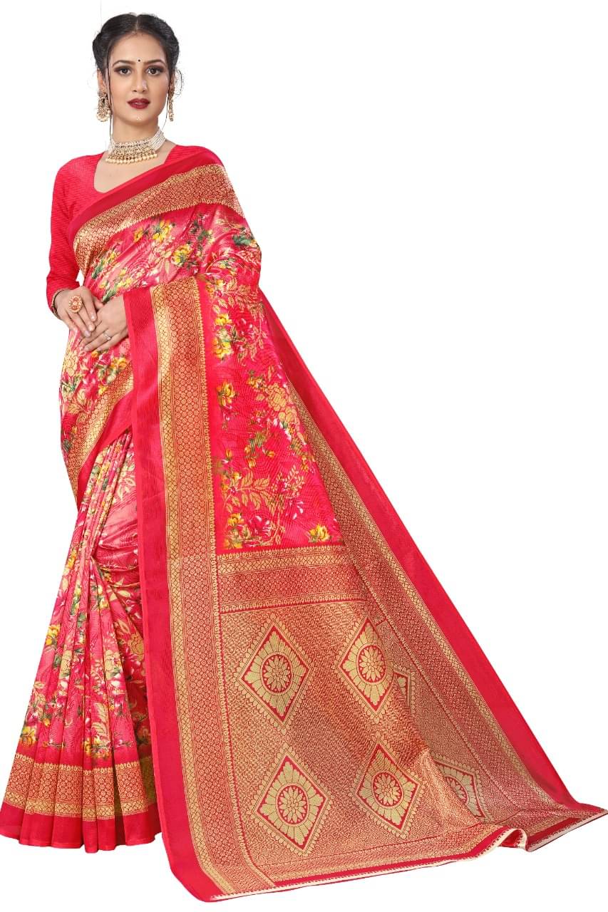     			Maayro Mysore Silk Printed Saree With Unstitched Blouse Piece ( Red )
