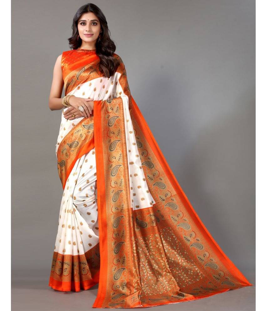     			Maayro Mysore Silk Printed Saree With Unstitched Blouse Piece ( Orange )