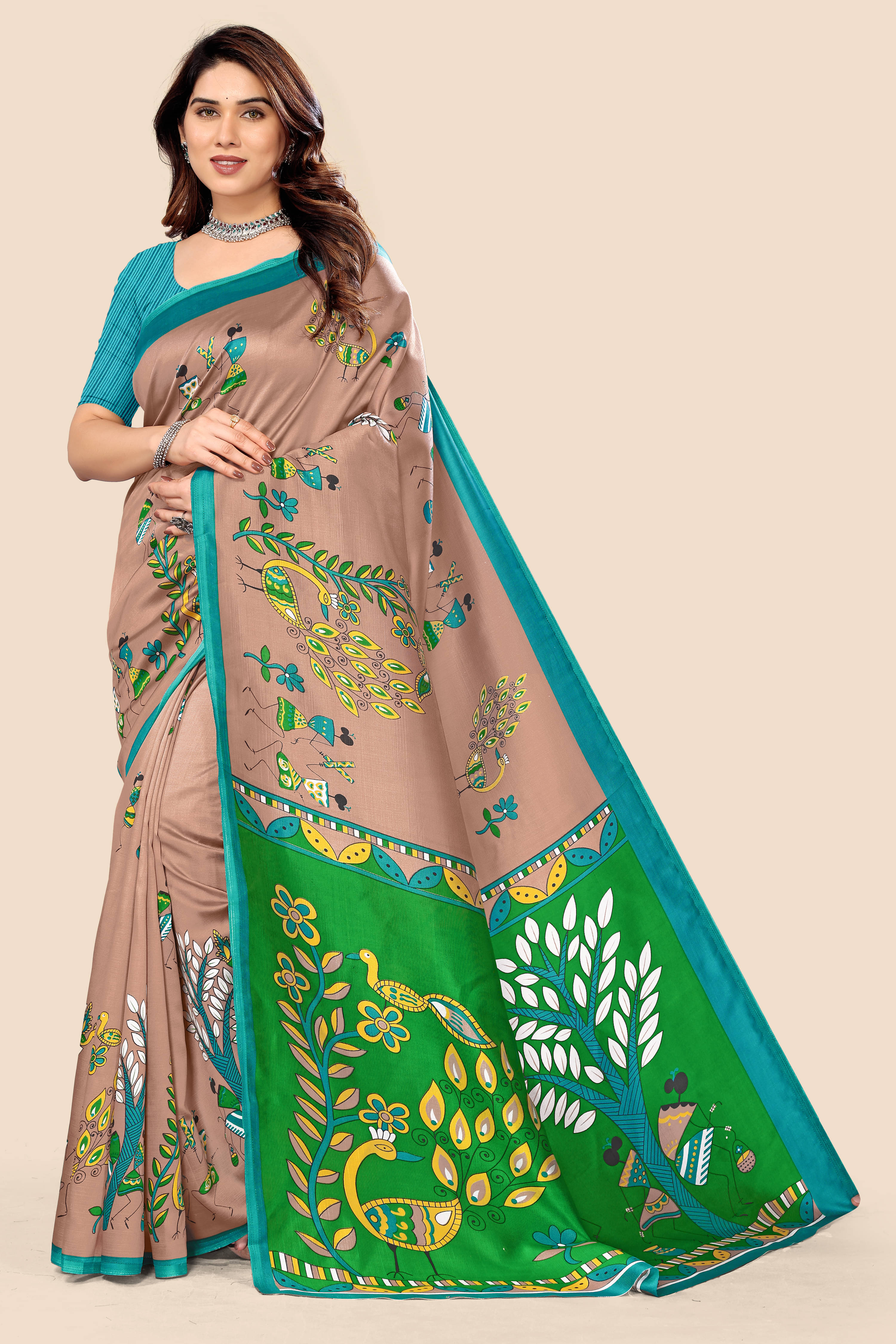     			Maayro Mysore Silk Printed Saree With Unstitched Blouse Piece ( Brown )
