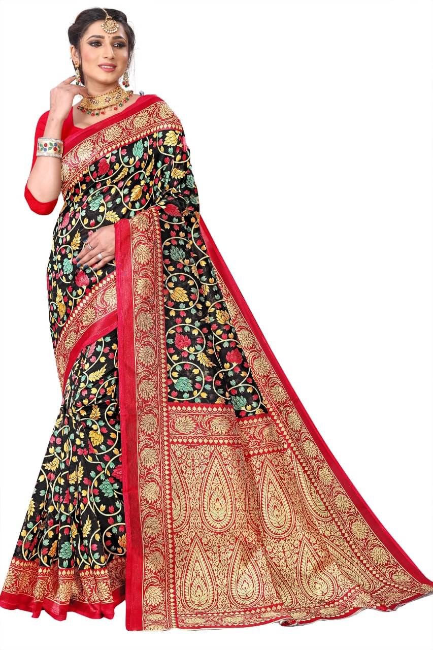 Maayro Mysore Silk Printed Saree With Unstitched Blouse Piece ( Black ) Maayro Mysore Silk Printed Saree With Unstitched Blouse Piece ( Black )
