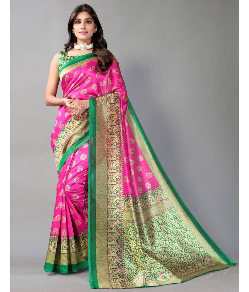     			Maayro Mysore Silk Printed Saree With Unstitched Blouse Piece ( Pink )
