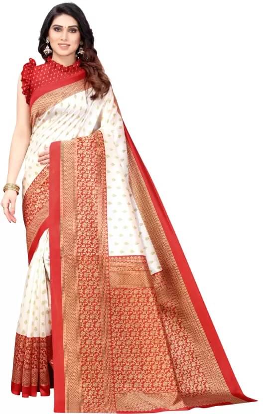 Maayro Mysore Silk Printed Saree With Unstitched Blouse Piece ( White ) Maayro Mysore Silk Printed Saree With Unstitched Blouse Piece ( White )