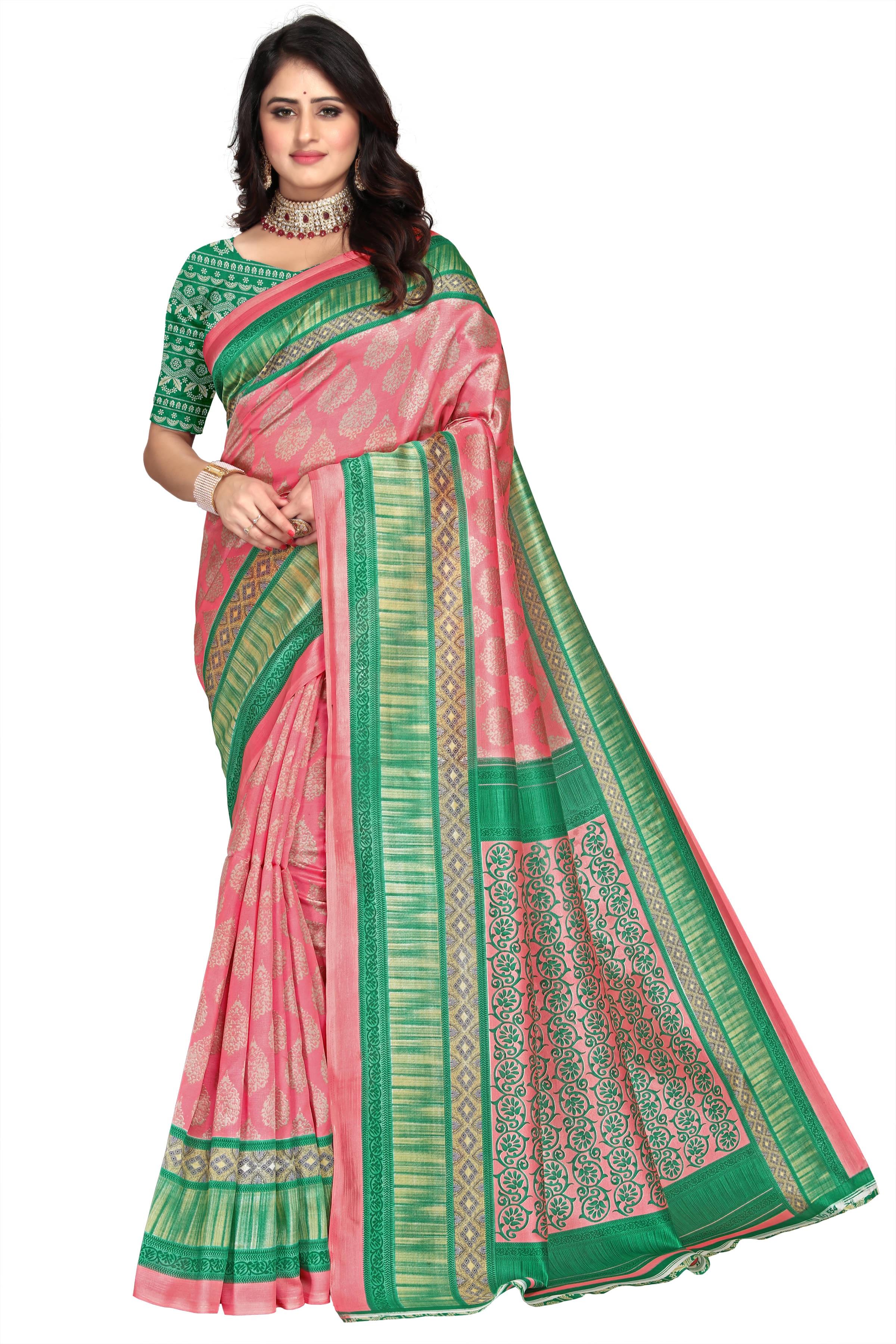     			Maayro Mysore Silk Printed Saree With Unstitched Blouse Piece ( Pink )