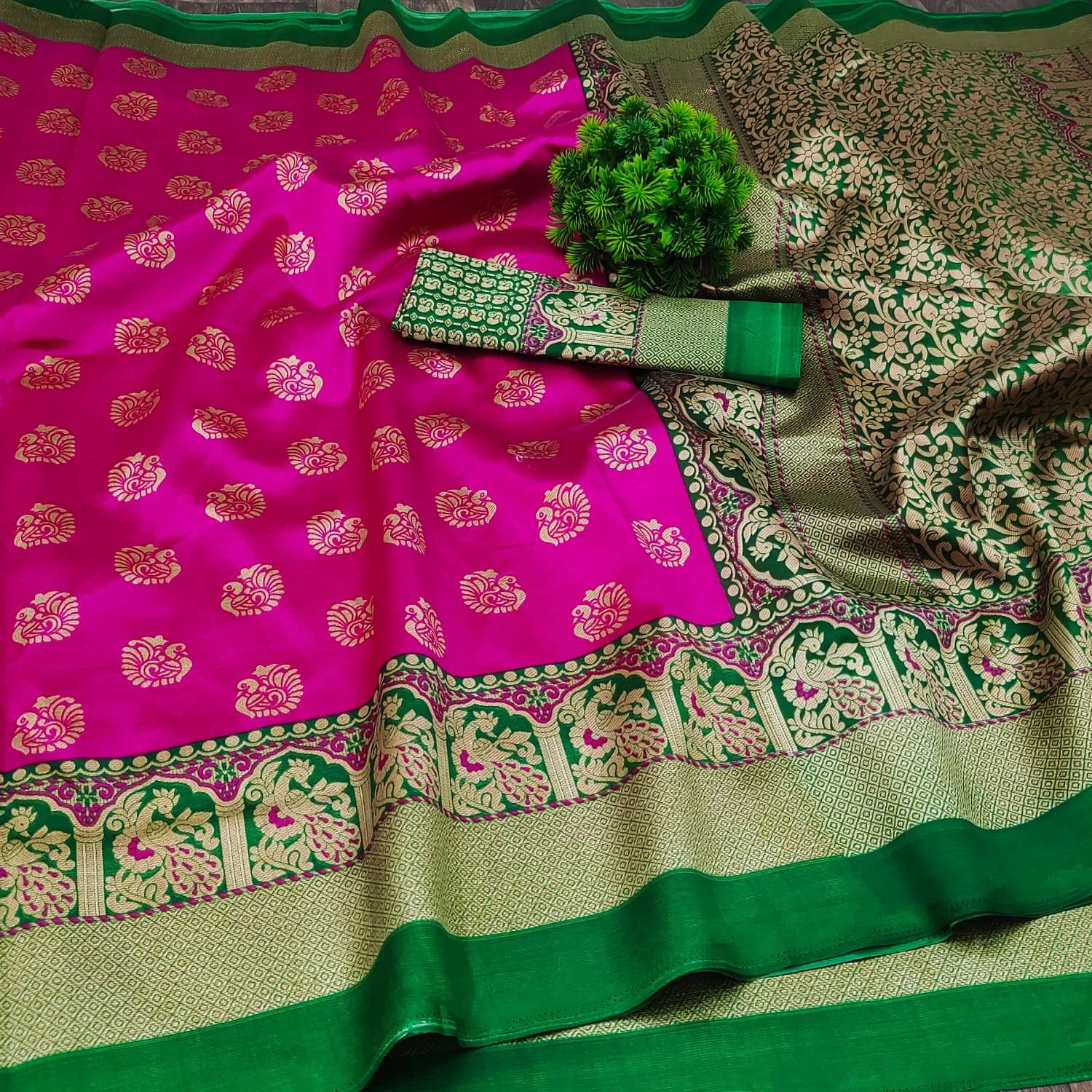 Maayro Mysore Silk Printed Saree With Unstitched Blouse Piece ( Rani ) Maayro Mysore Silk Printed Saree With Unstitched Blouse Piece ( Rani )