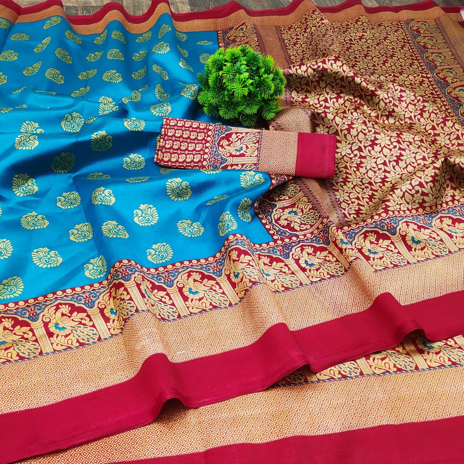     			Maayro Mysore Silk Printed Saree With Unstitched Blouse Piece ( Blue )