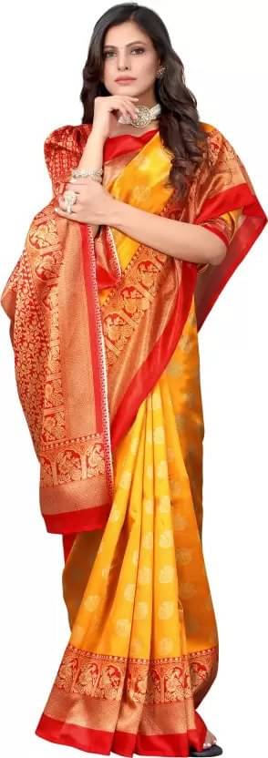     			Maayro Mysore Silk Printed Saree With Unstitched Blouse Piece ( Yellow )