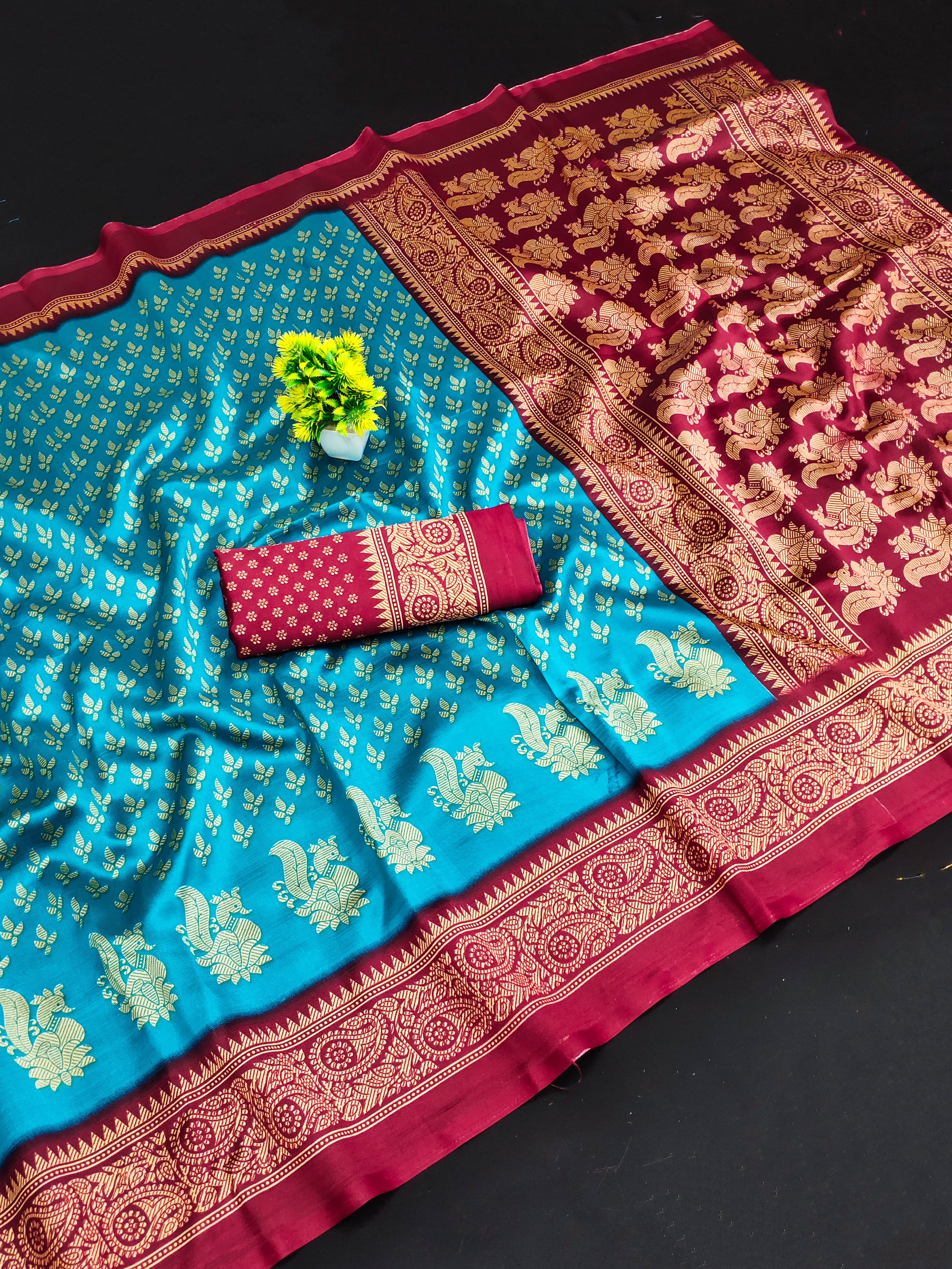 Maayro Mysore Silk Printed Saree With Unstitched Blouse Piece ( Rama ) Maayro Mysore Silk Printed Saree With Unstitched Blouse Piece ( Rama )