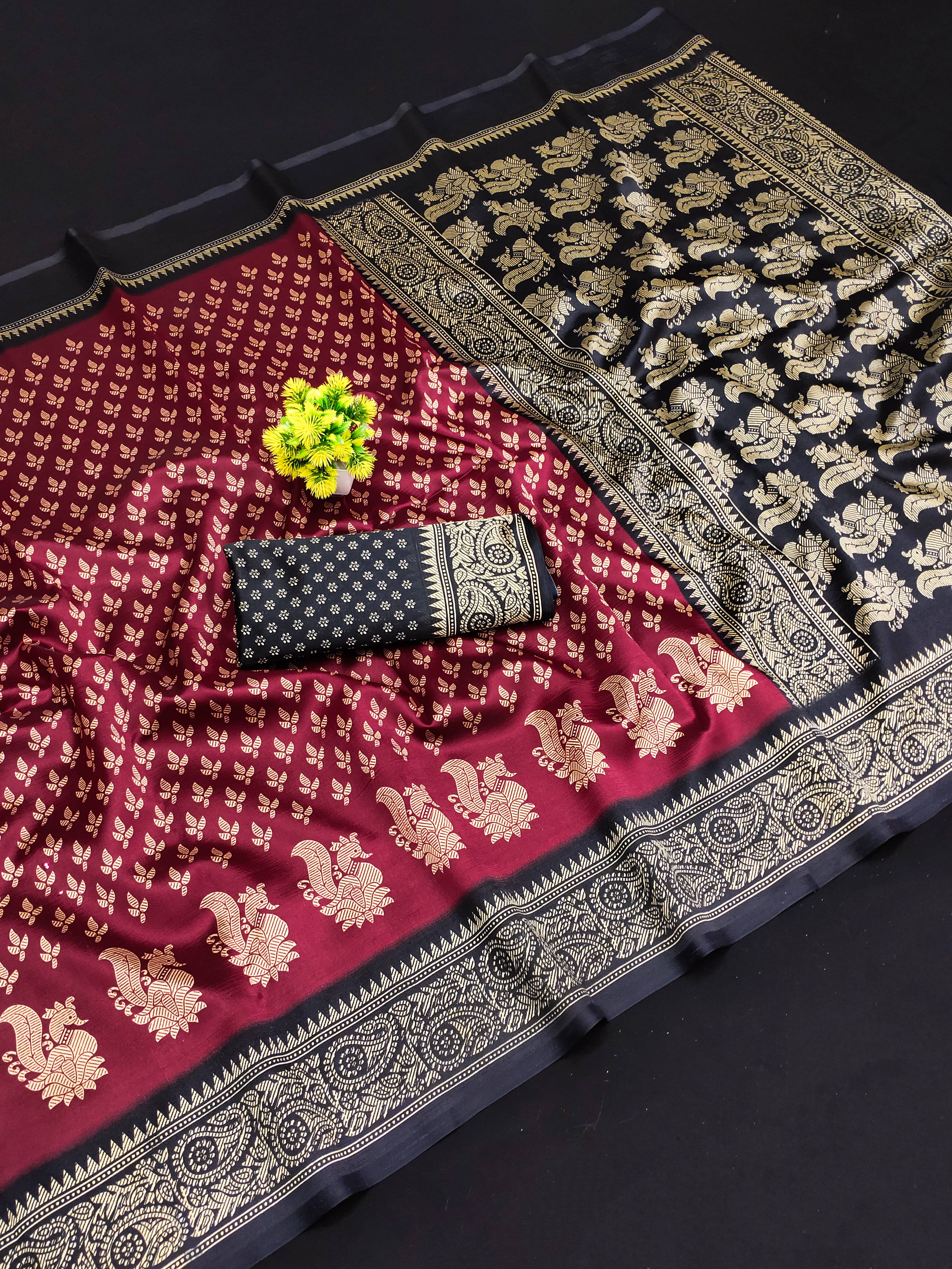 Maayro Mysore Silk Printed Saree With Unstitched Blouse Piece ( Maroon ) Maayro Mysore Silk Printed Saree With Unstitched Blouse Piece ( Maroon )