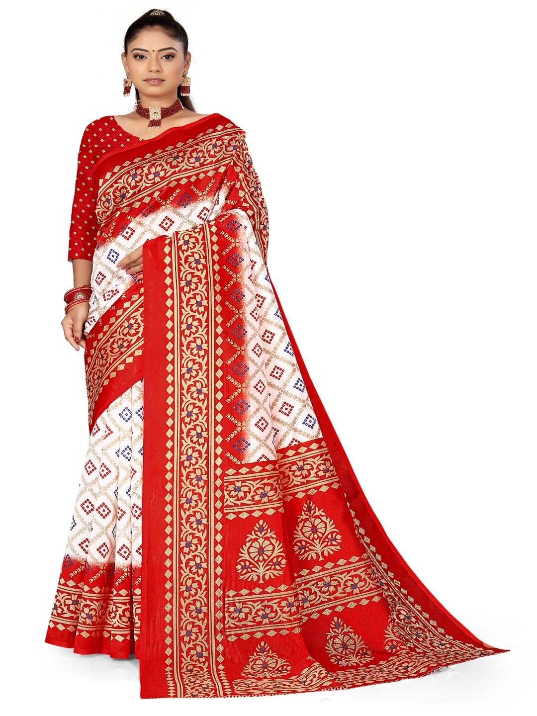     			Maayro Mysore Silk Printed Saree With Unstitched Blouse Piece ( Red )