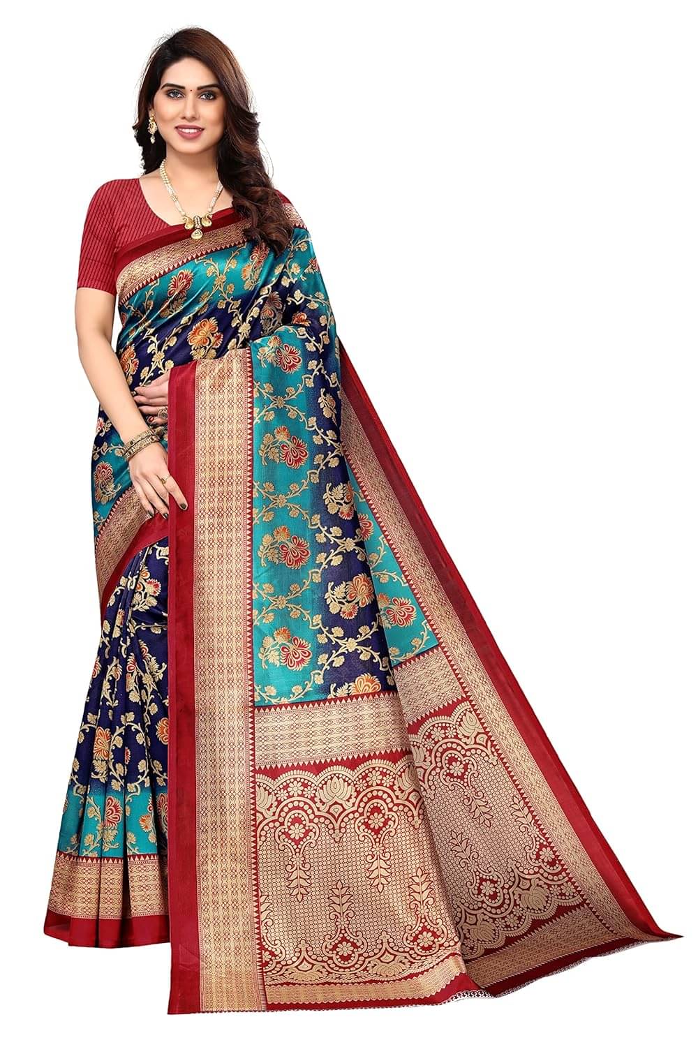     			Maayro Mysore Silk Printed Saree With Unstitched Blouse Piece ( Blue )