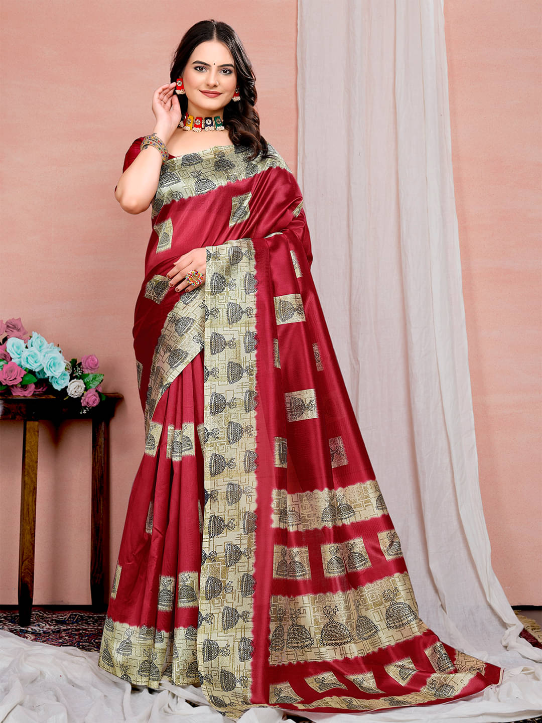     			Maayro Mysore Silk Printed Saree With Unstitched Blouse Piece ( Multicolor )