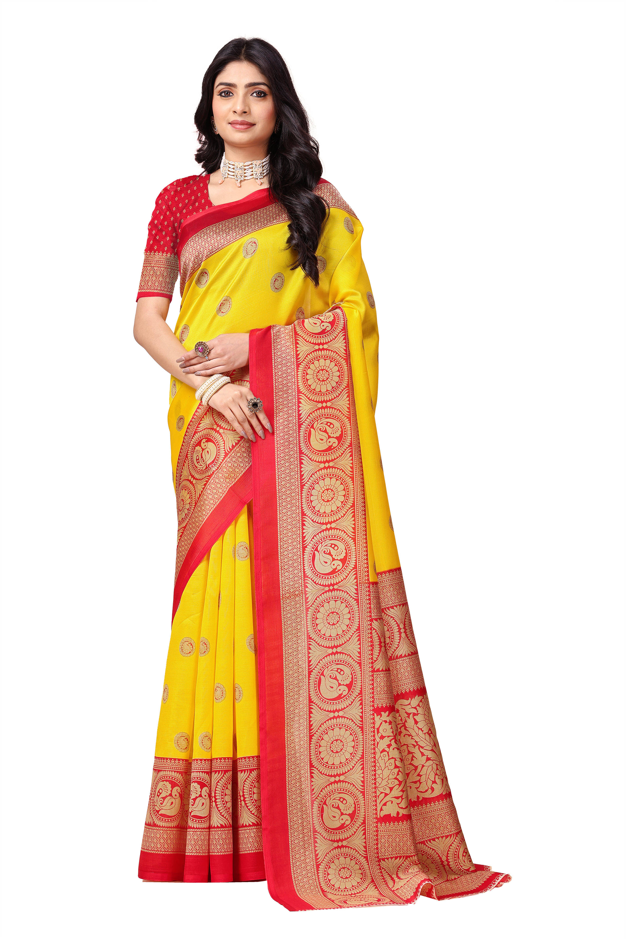     			Maayro Mysore Silk Printed Saree With Unstitched Blouse Piece ( Yellow )
