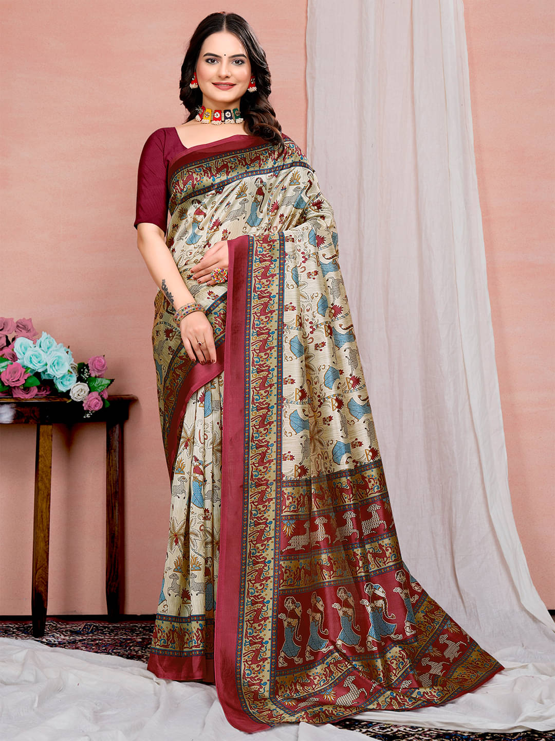     			Maayro Mysore Silk Printed Saree With Unstitched Blouse Piece ( Maroon )