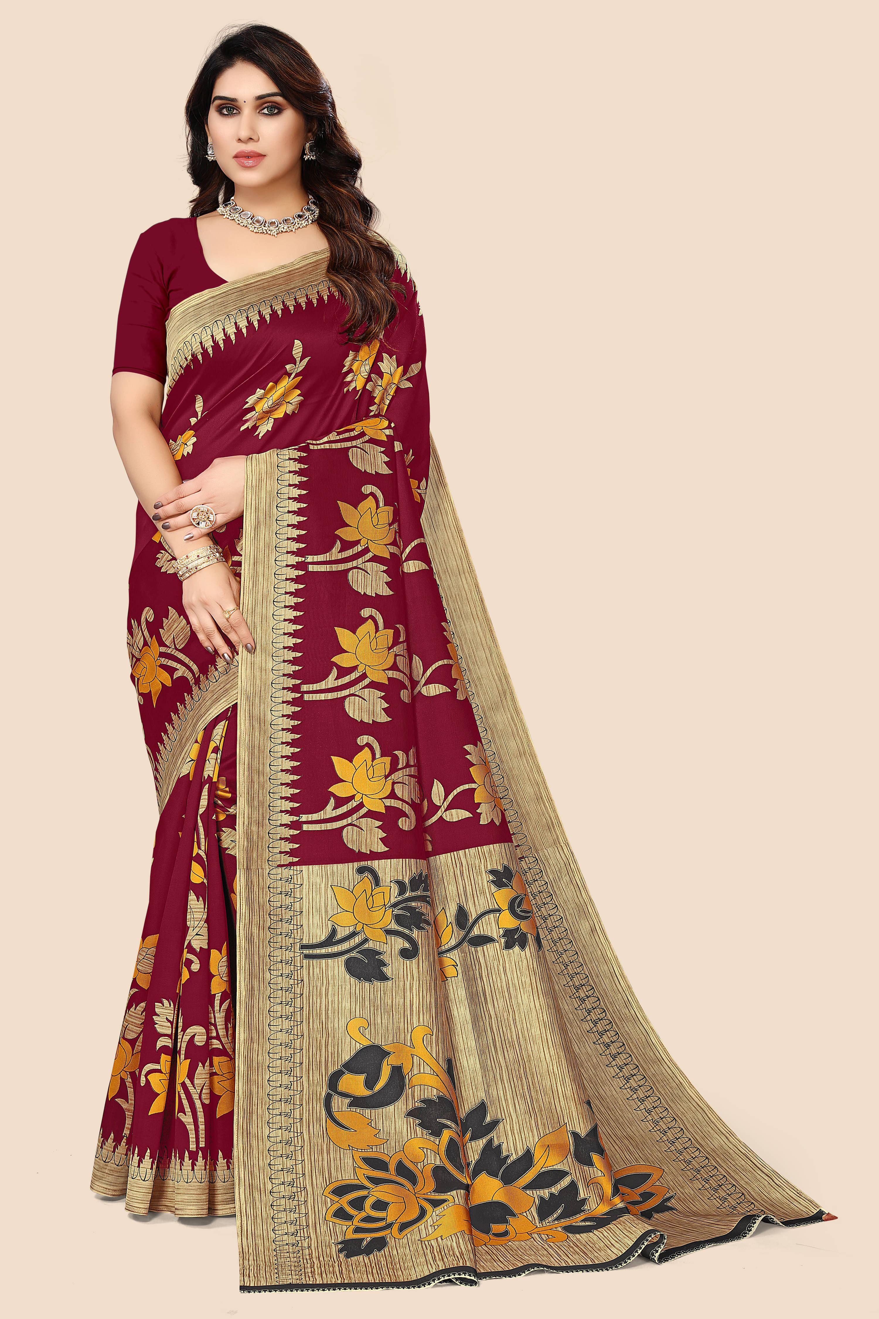 Maayro Mysore Silk Printed Saree With Unstitched Blouse Piece ( Maroon ) Maayro Mysore Silk Printed Saree With Unstitched Blouse Piece ( Maroon )