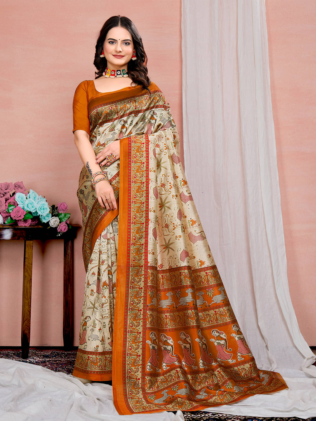     			Maayro Mysore Silk Printed Saree With Unstitched Blouse Piece ( Mustard )