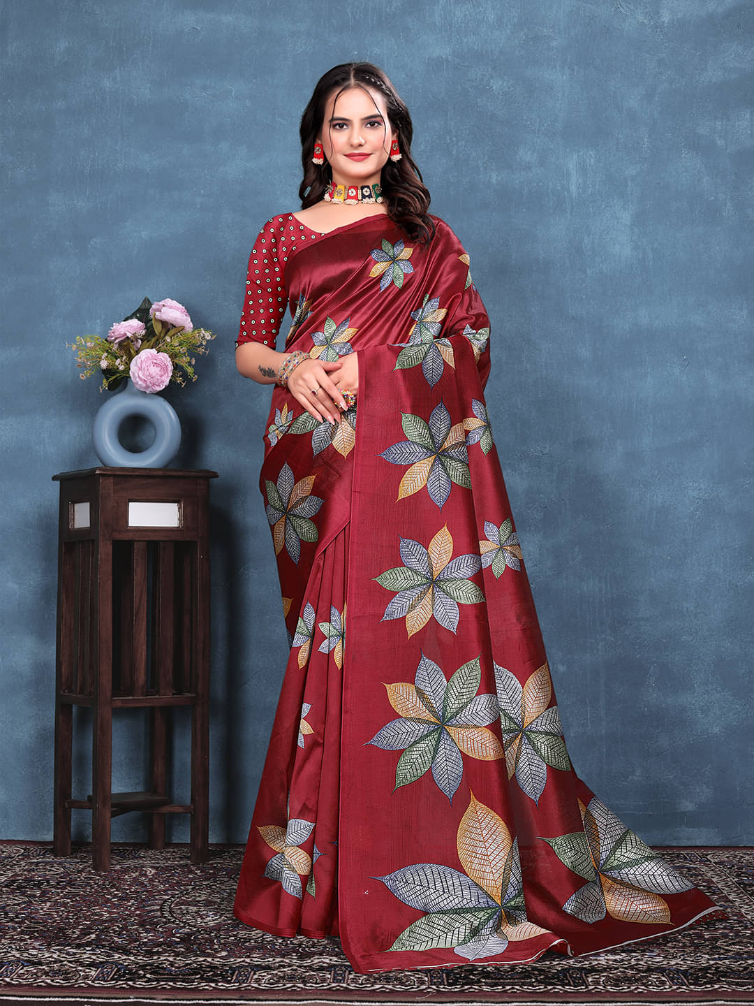 Maayro Mysore Silk Printed Saree With Unstitched Blouse Piece ( Maroon ) Maayro Mysore Silk Printed Saree With Unstitched Blouse Piece ( Maroon )