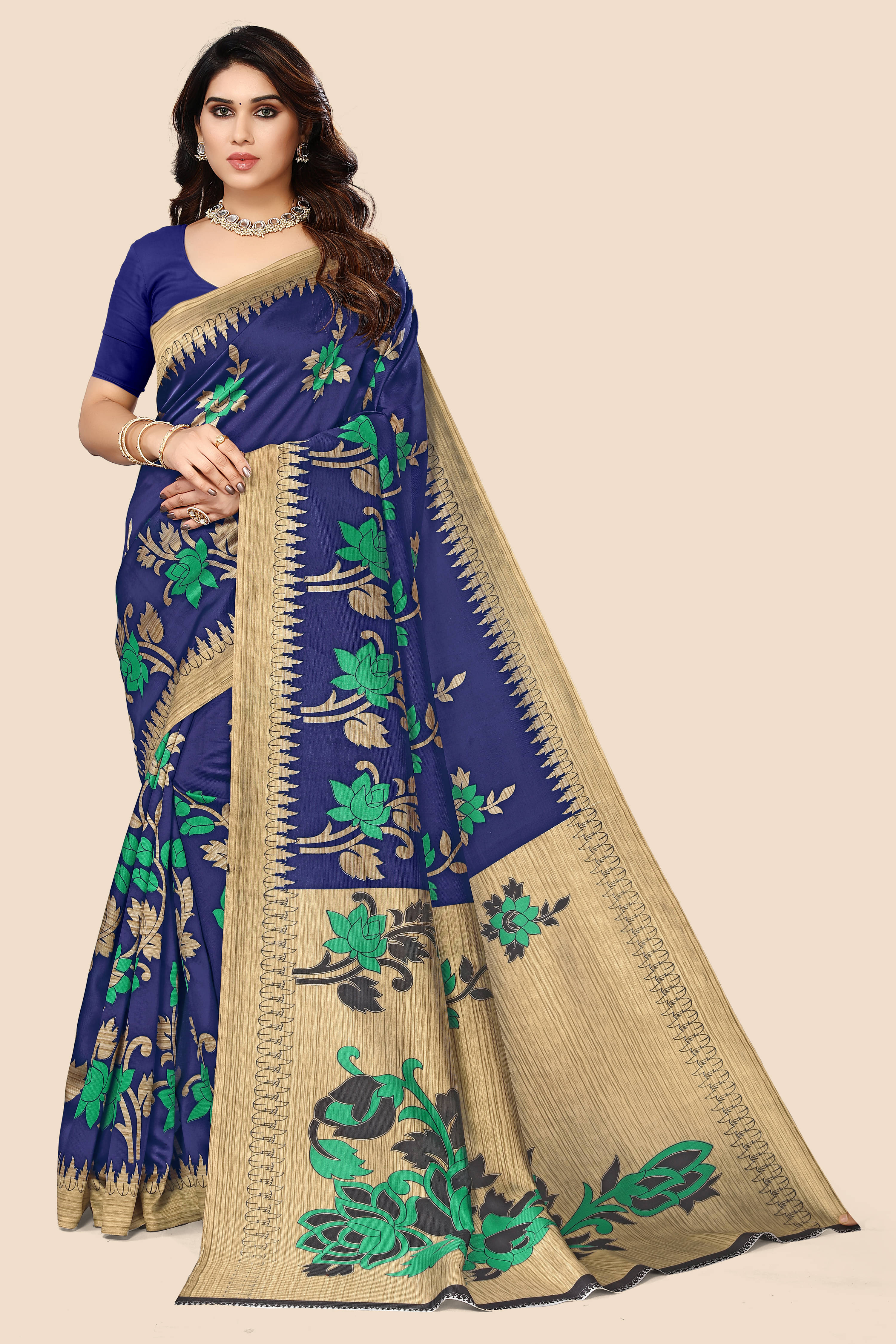     			Maayro Mysore Silk Printed Saree With Unstitched Blouse Piece ( Blue )