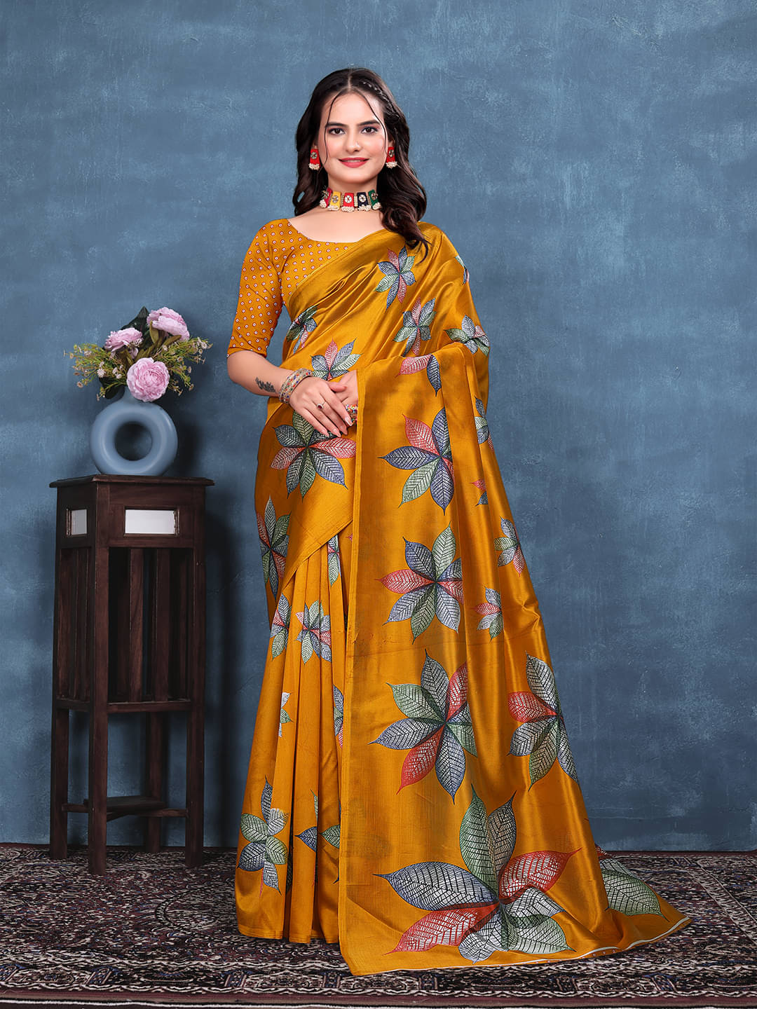     			Maayro Mysore Silk Printed Saree With Unstitched Blouse Piece ( Mustard )