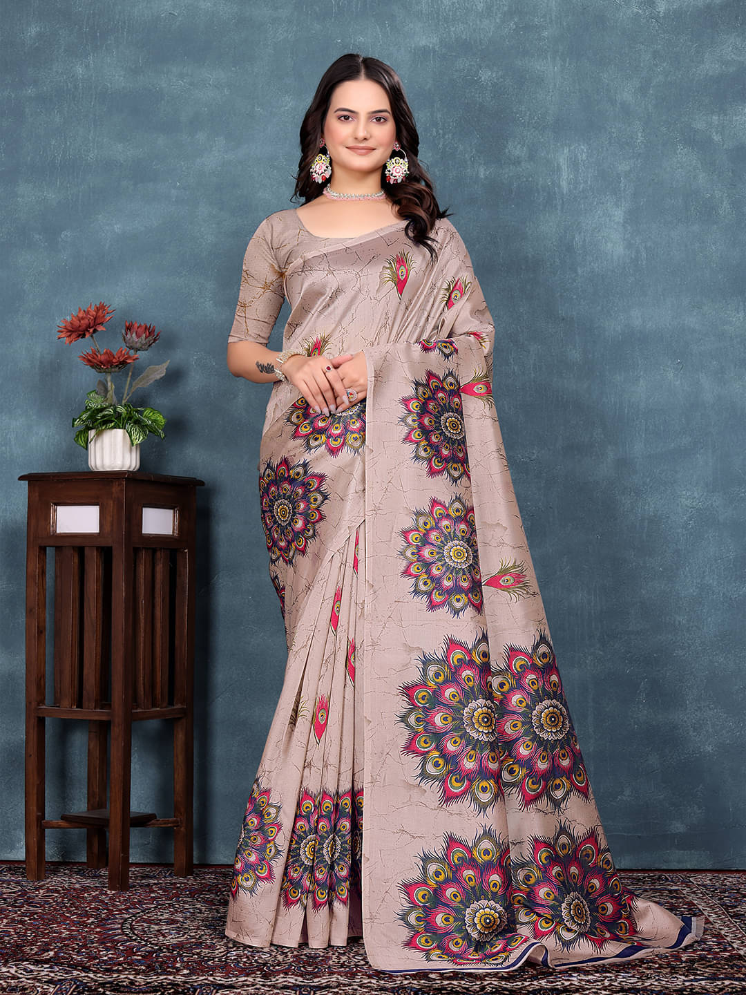 Maayro Mysore Silk Printed Saree With Unstitched Blouse Piece ( Brown ) Maayro Mysore Silk Printed Saree With Unstitched Blouse Piece ( Brown )