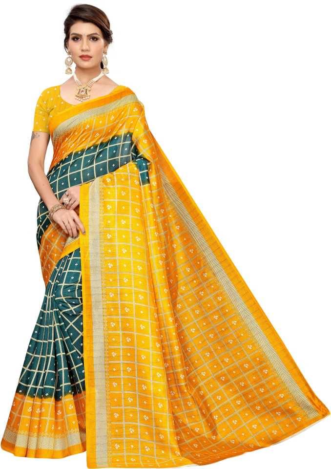     			Maayro Mysore Silk Printed Saree With Unstitched Blouse Piece ( Yellow )