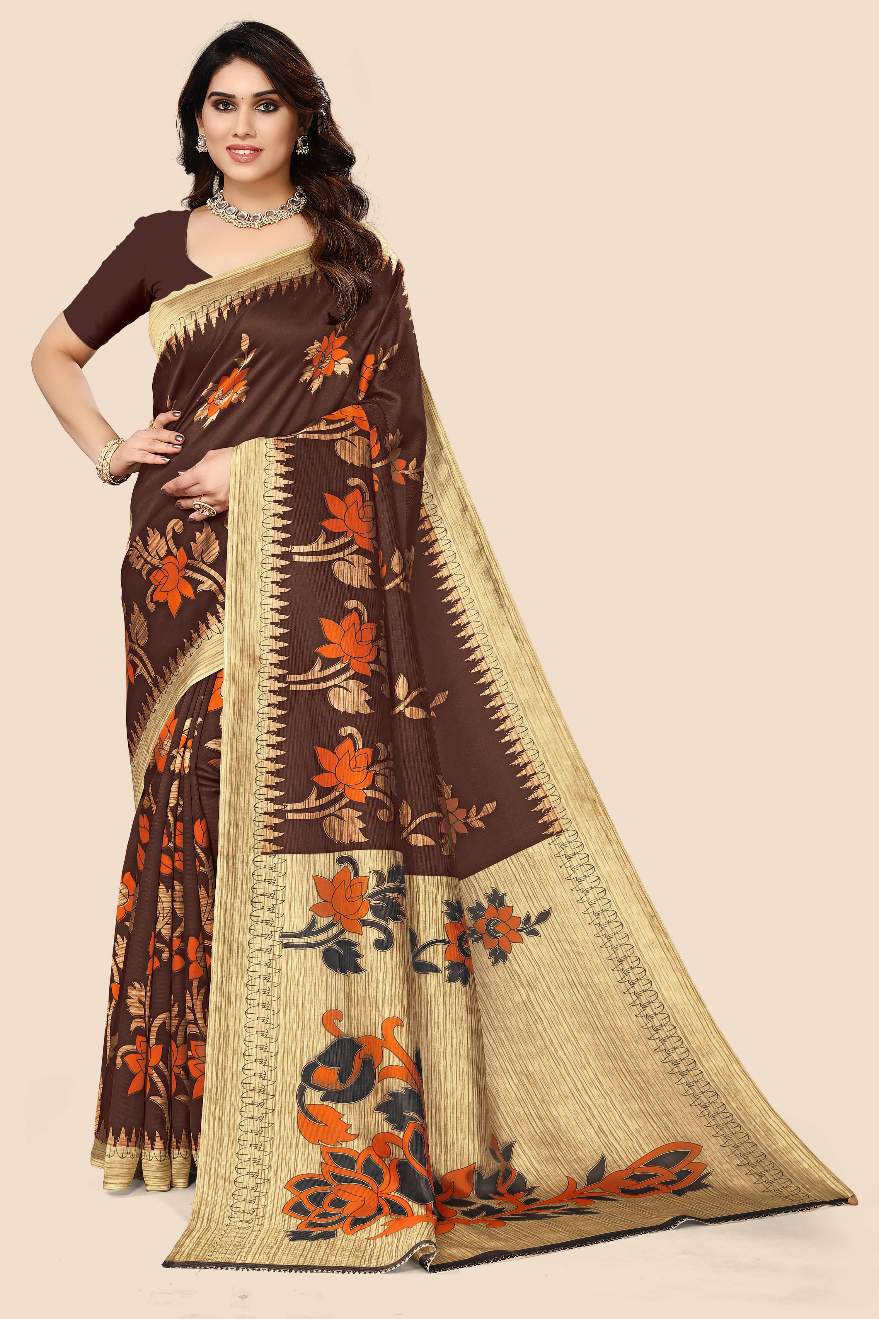     			Maayro Mysore Silk Printed Saree With Unstitched Blouse Piece ( Brown )