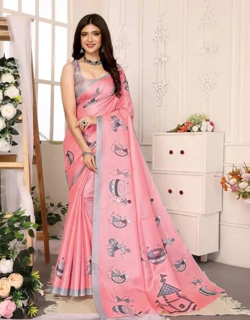    			Maayro Mysore Silk Printed Saree With Unstitched Blouse Piece ( Peach )