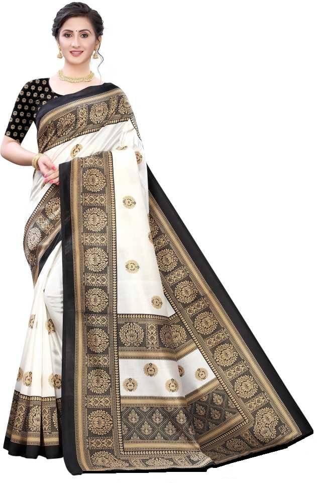     			Maayro Mysore Silk Printed Saree With Unstitched Blouse Piece ( Black )