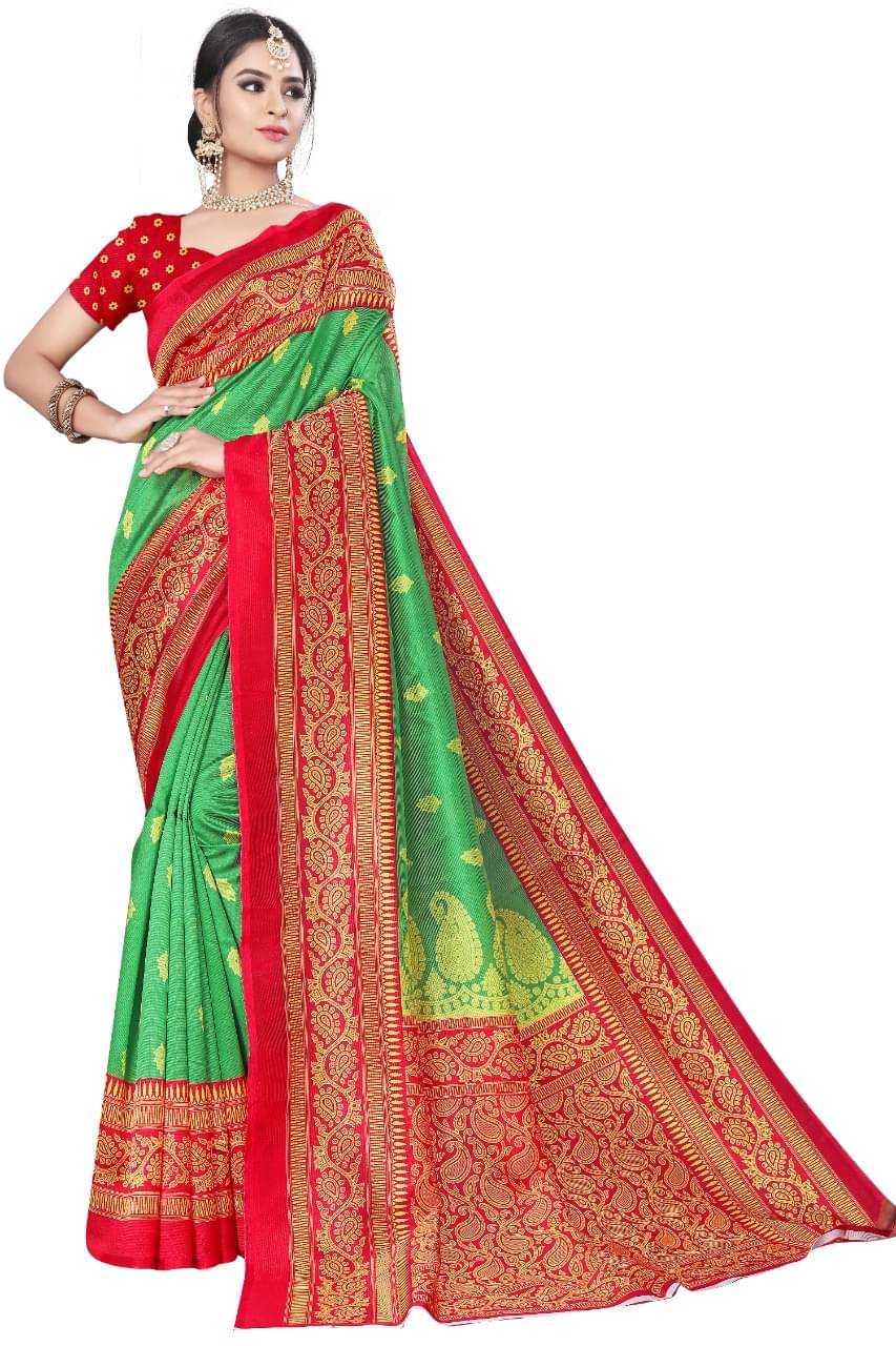     			Maayro Mysore Silk Printed Saree With Unstitched Blouse Piece ( Green )