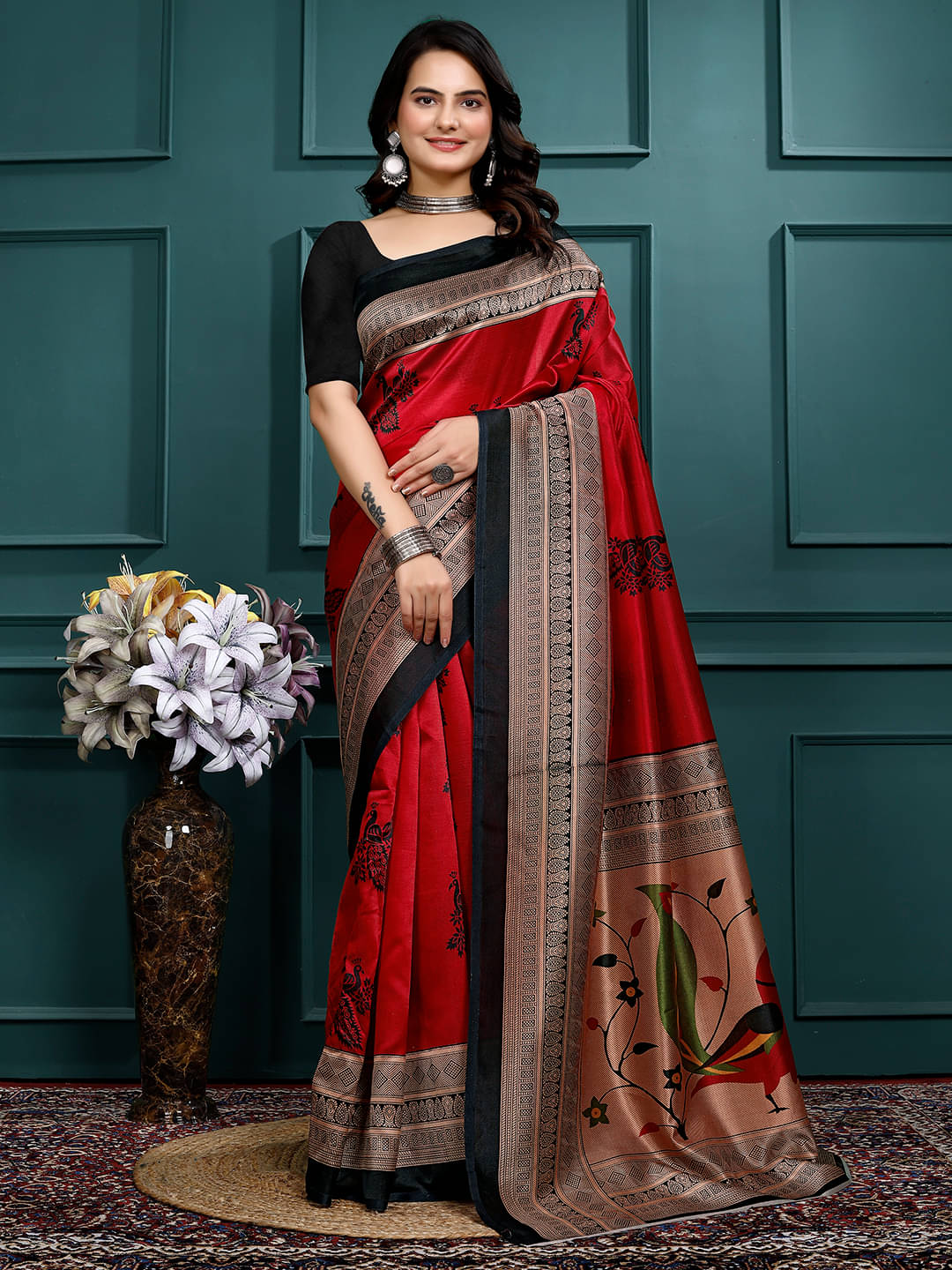     			Maayro Mysore Silk Printed Saree With Unstitched Blouse Piece ( Red )