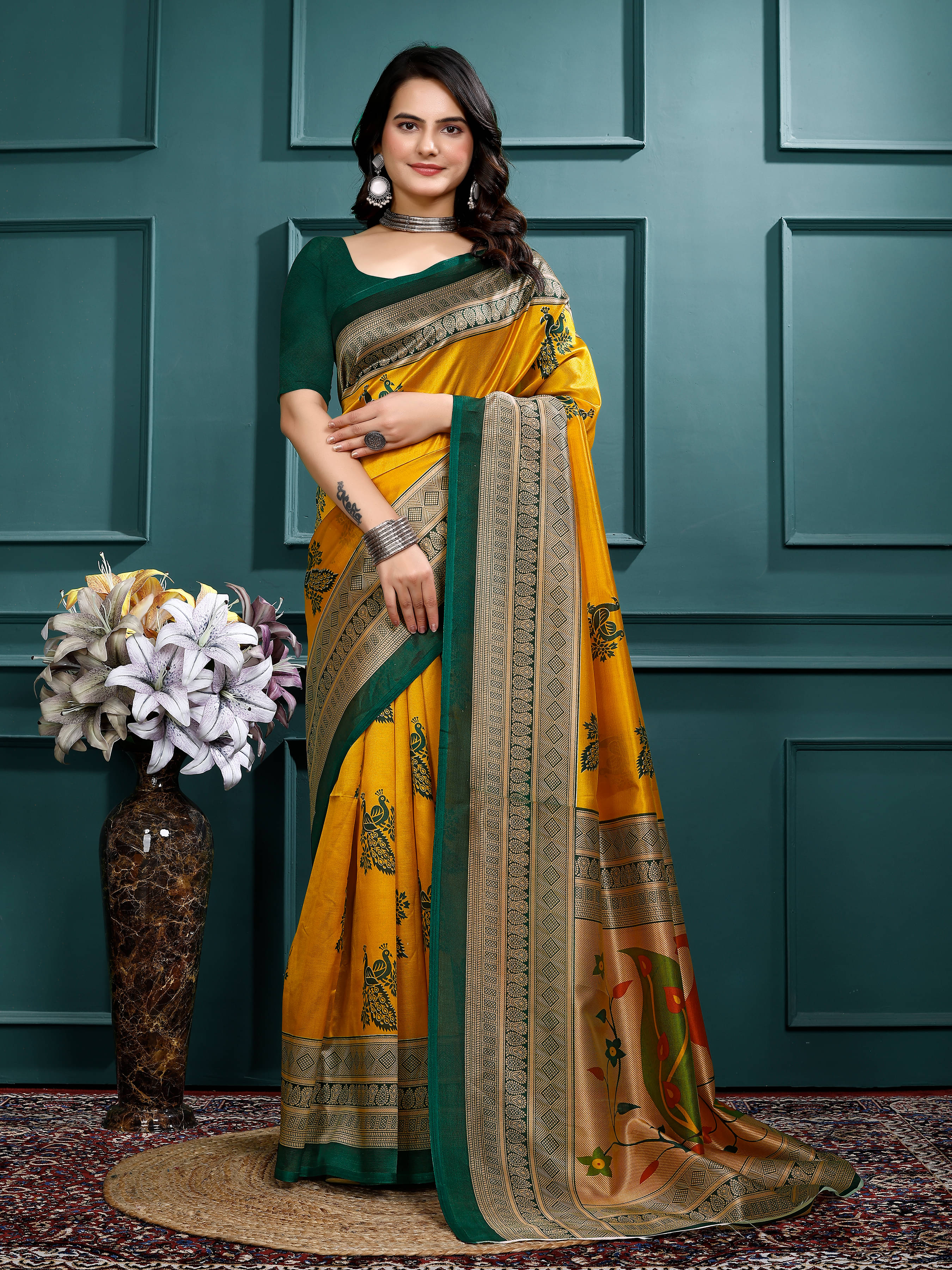     			Maayro Mysore Silk Printed Saree With Unstitched Blouse Piece ( Yellow1 )