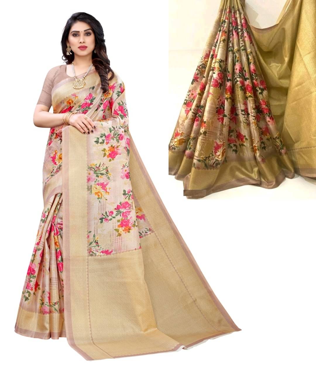     			Maayro Mysore Silk Printed Saree With Unstitched Blouse Piece ( Brown )