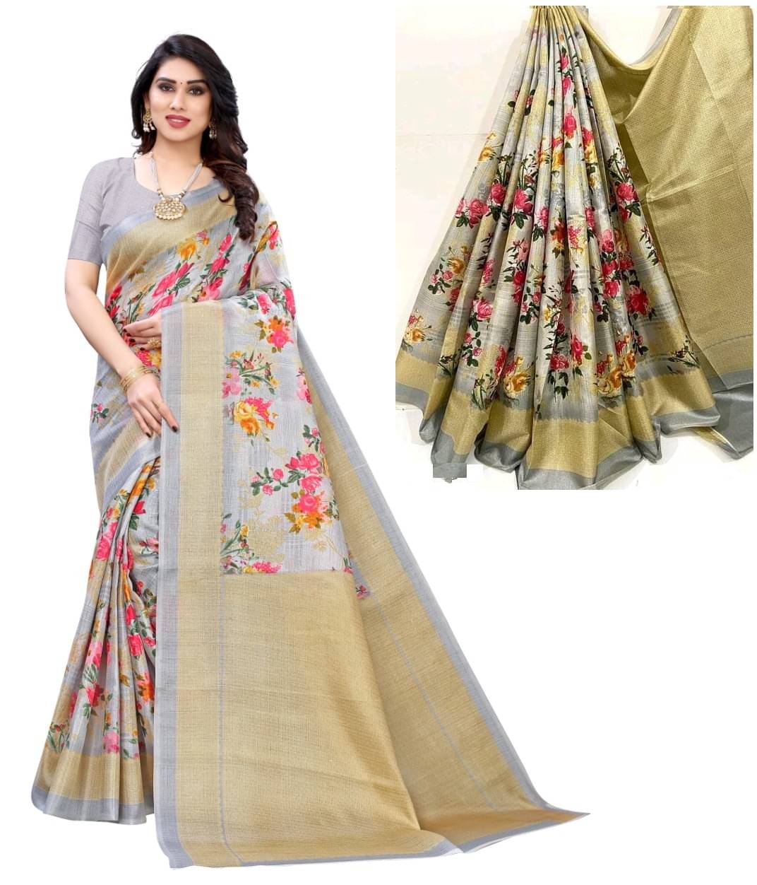 Maayro Mysore Silk Printed Saree With Unstitched Blouse Piece ( Grey ) Maayro Mysore Silk Printed Saree With Unstitched Blouse Piece ( Grey )