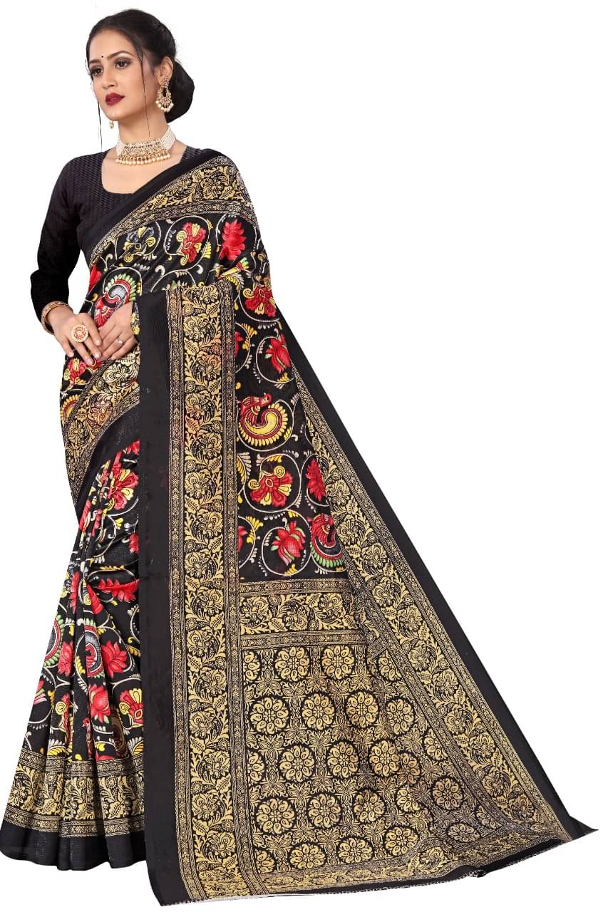 Maayro Mysore Silk Printed Saree With Unstitched Blouse Piece ( Black ) Maayro Mysore Silk Printed Saree With Unstitched Blouse Piece ( Black )
