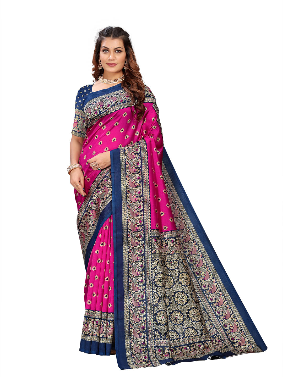     			Maayro Mysore Silk Printed Saree With Unstitched Blouse Piece ( Pink )