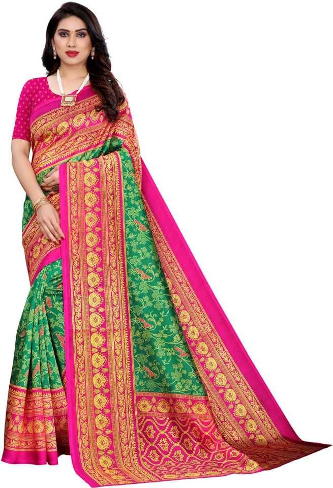     			Maayro Mysore Silk Printed Saree With Unstitched Blouse Piece ( Green )