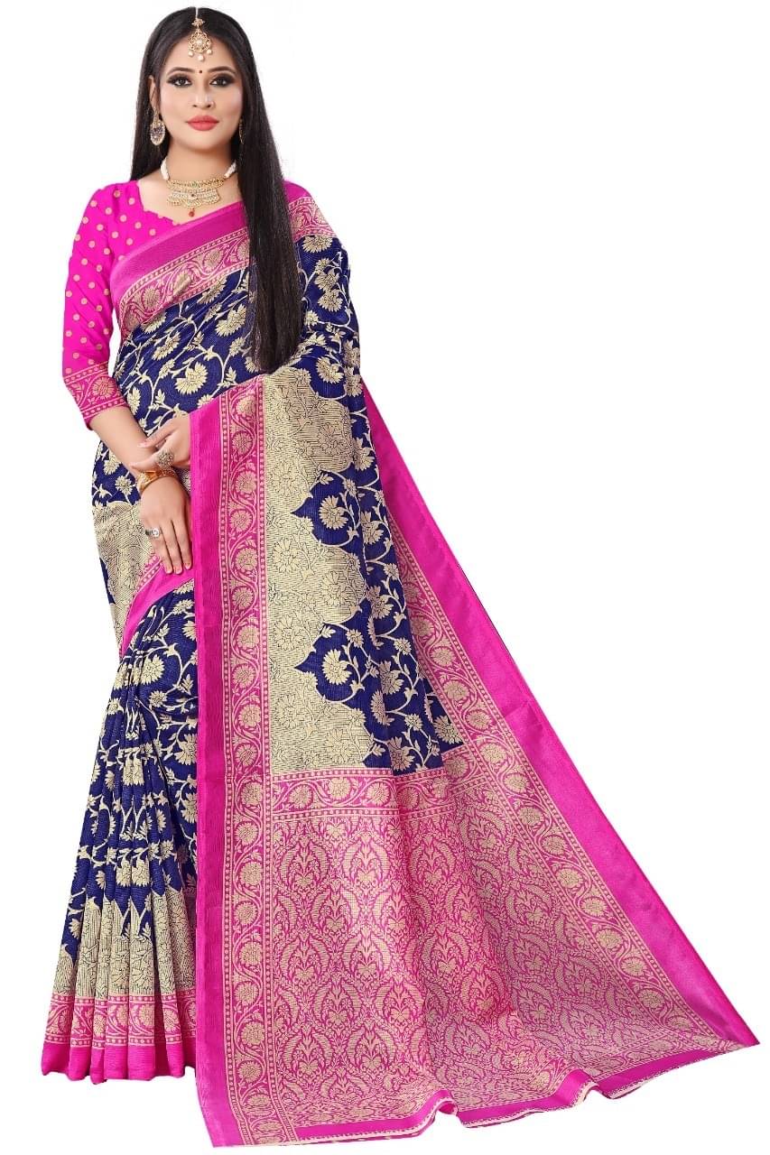     			Maayro Mysore Silk Printed Saree With Unstitched Blouse Piece ( Navy Blue )